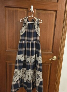 Joyfolie Navy and Cream Plaid Lace-Trim Maxi Dress